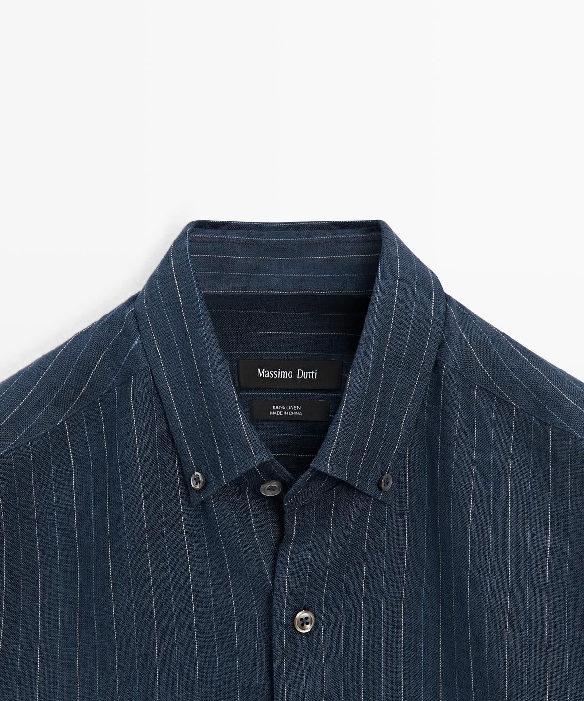 마시모두띠(MASSIMO DUTTI) 100% 린넨 스트라이프 버튼넥 셔츠