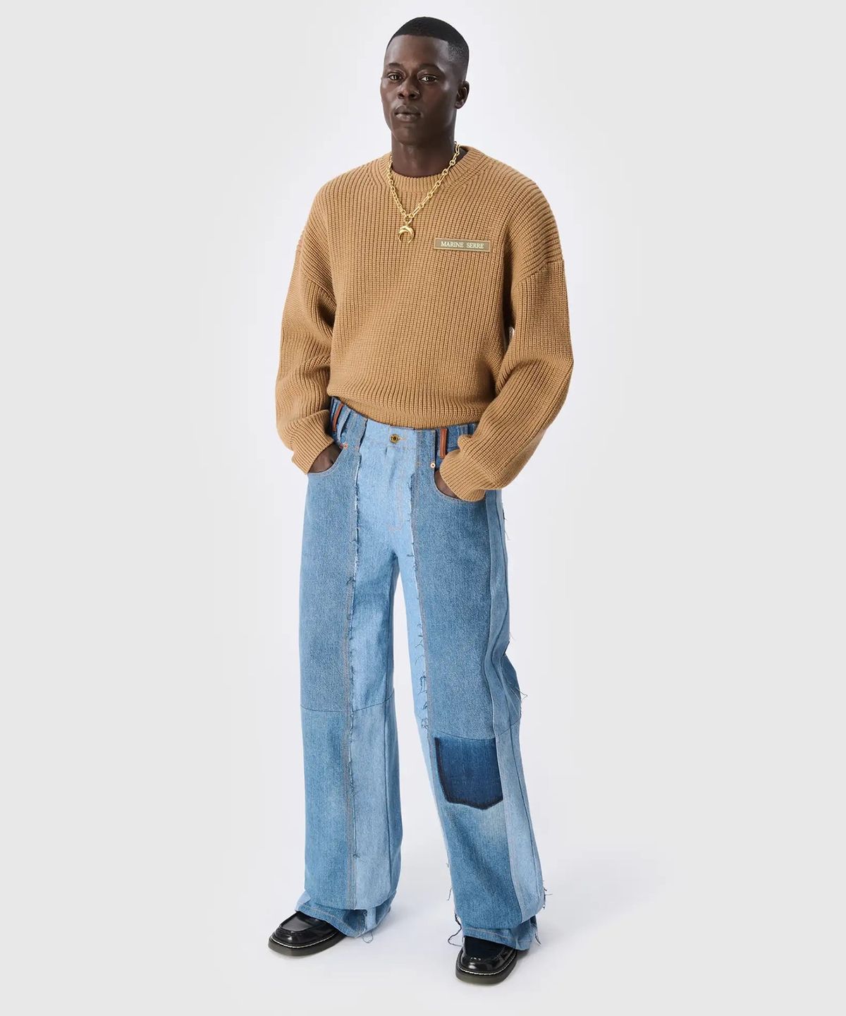 마린 세르(MARINE SERRE) (U) MS 하프 카디건 니트 크루넥 스웨터 카멜 MS HALF CARDIGAN KNIT CREWNECK SWEATER CAMEL