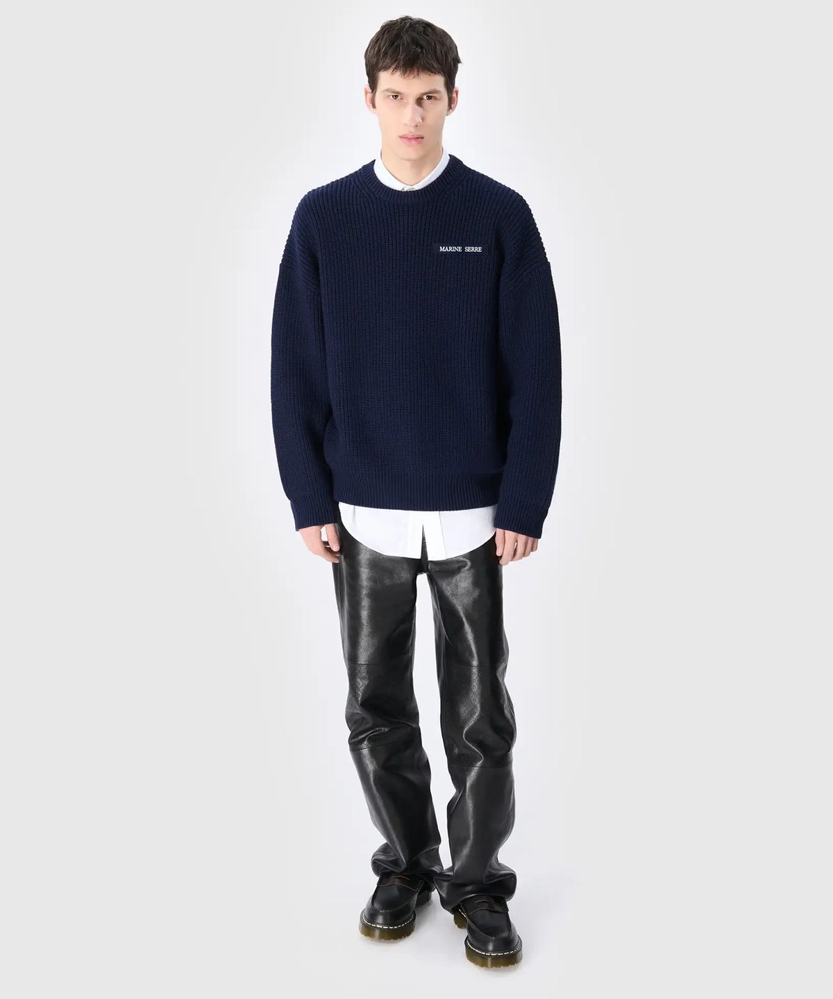 마린 세르(MARINE SERRE) (U) MS 하프 카디건 니트 크루넥 스웨터 네이비 MS HALF CARDIGAN KNIT CREWNECK SWEATER NAVY