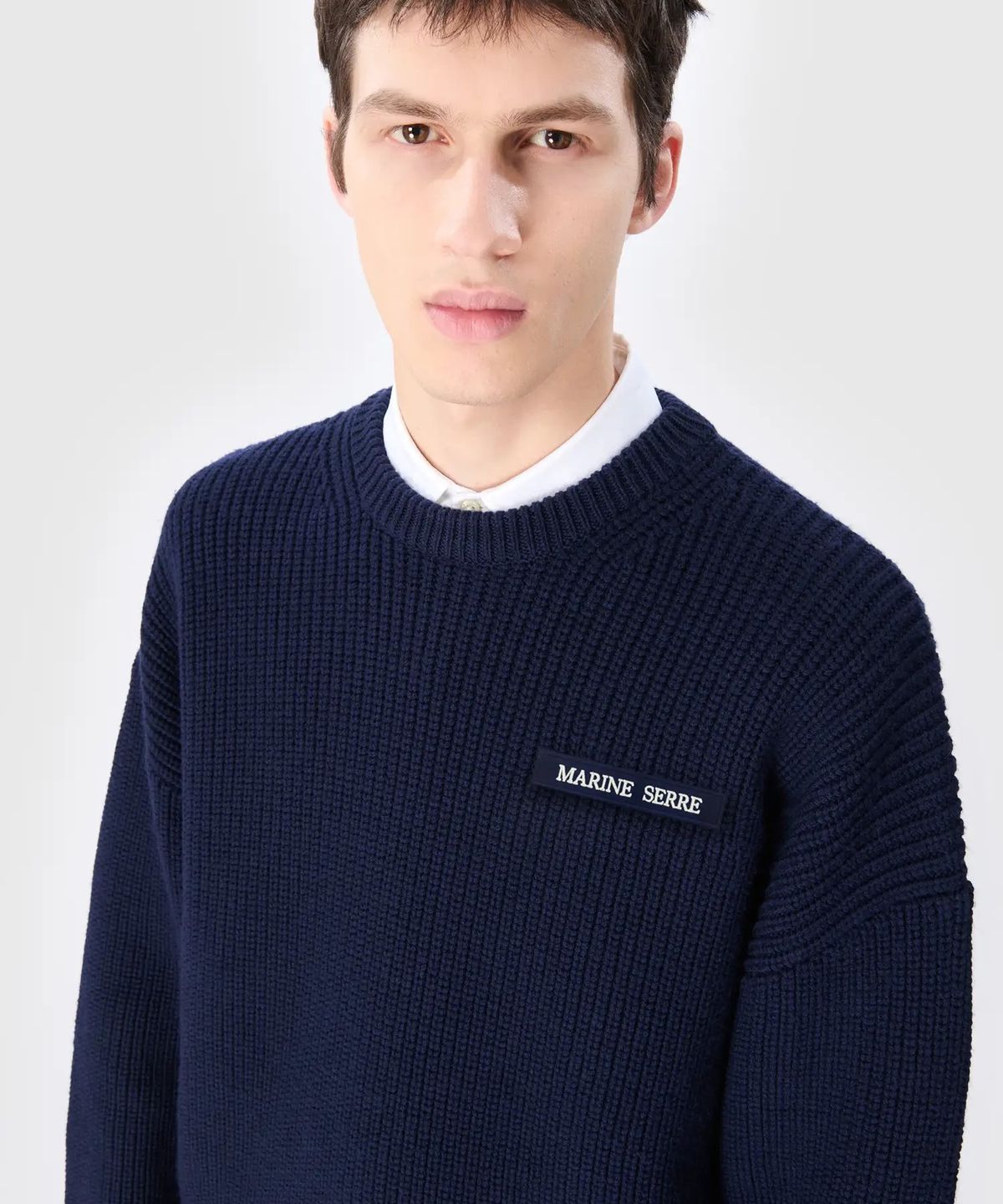 마린 세르(MARINE SERRE) (U) MS 하프 카디건 니트 크루넥 스웨터 네이비 MS HALF CARDIGAN KNIT CREWNECK SWEATER NAVY