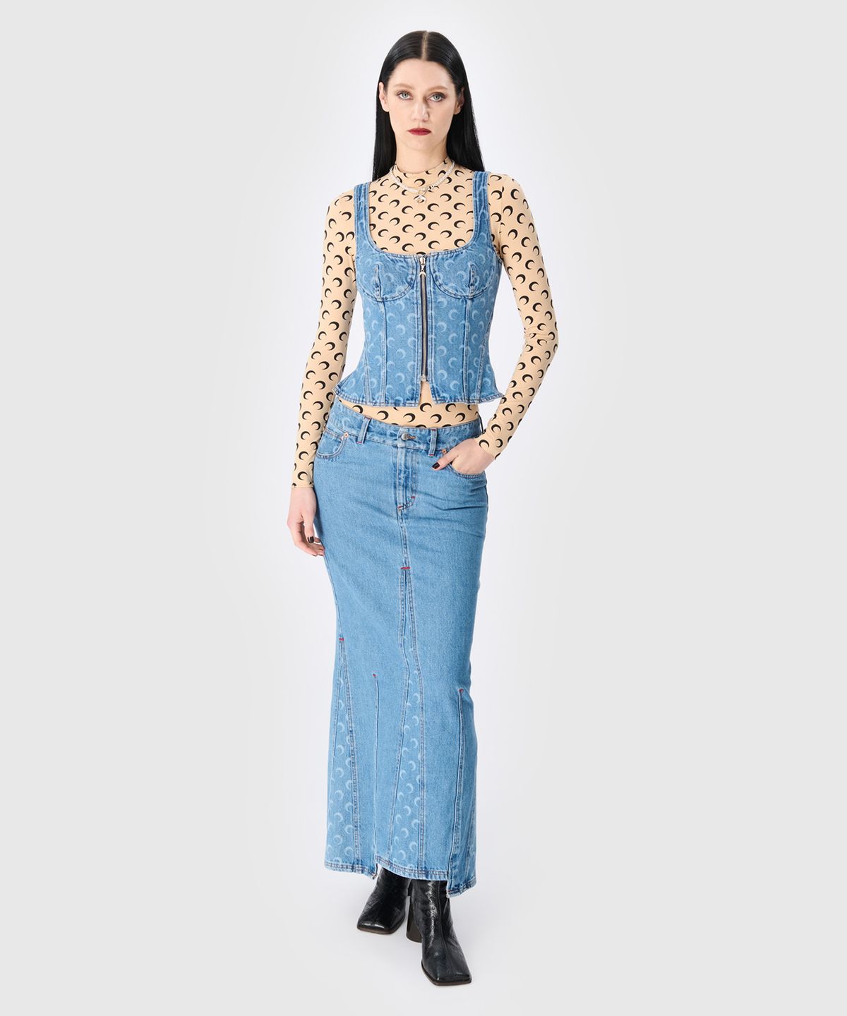마린 세르(MARINE SERRE) (W) 문 프린티드 저지 세컨드 스킨 하이넥 탑 탄 MOON PRINTED JERSEY SECOND SKIN HIGHNECK TOP TAN