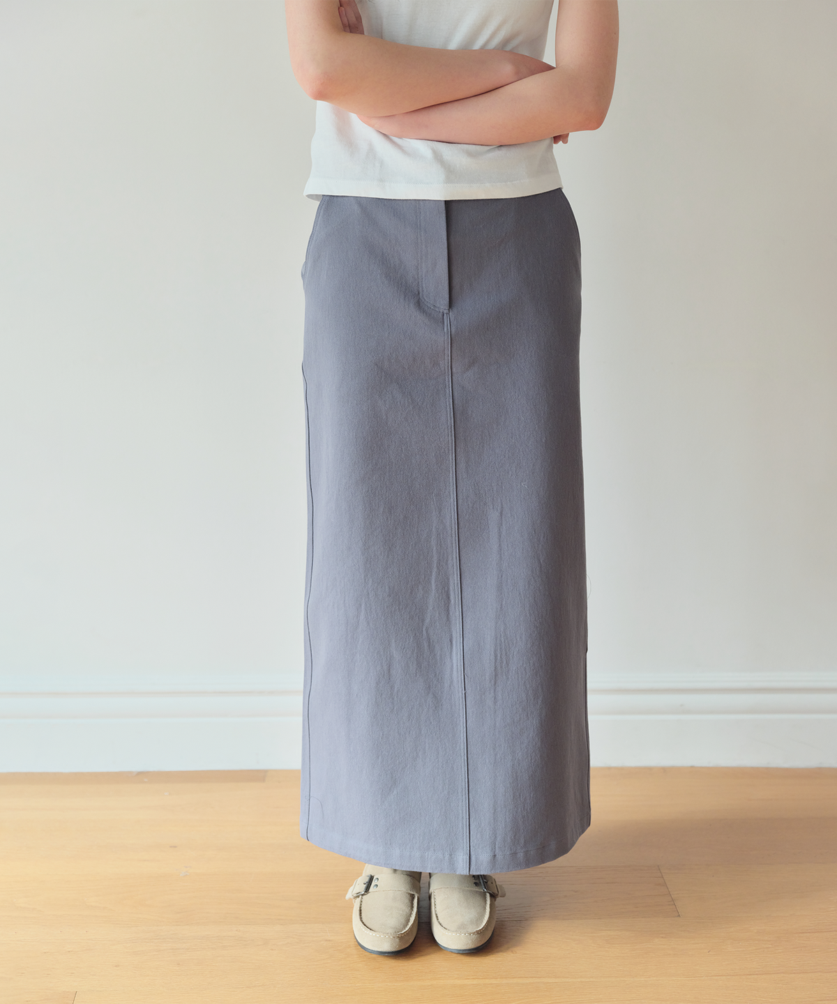 홈바디띵즈(HOMEBODY THINGS) Cotton Slit Long Skirt (DUSTY BLUE)