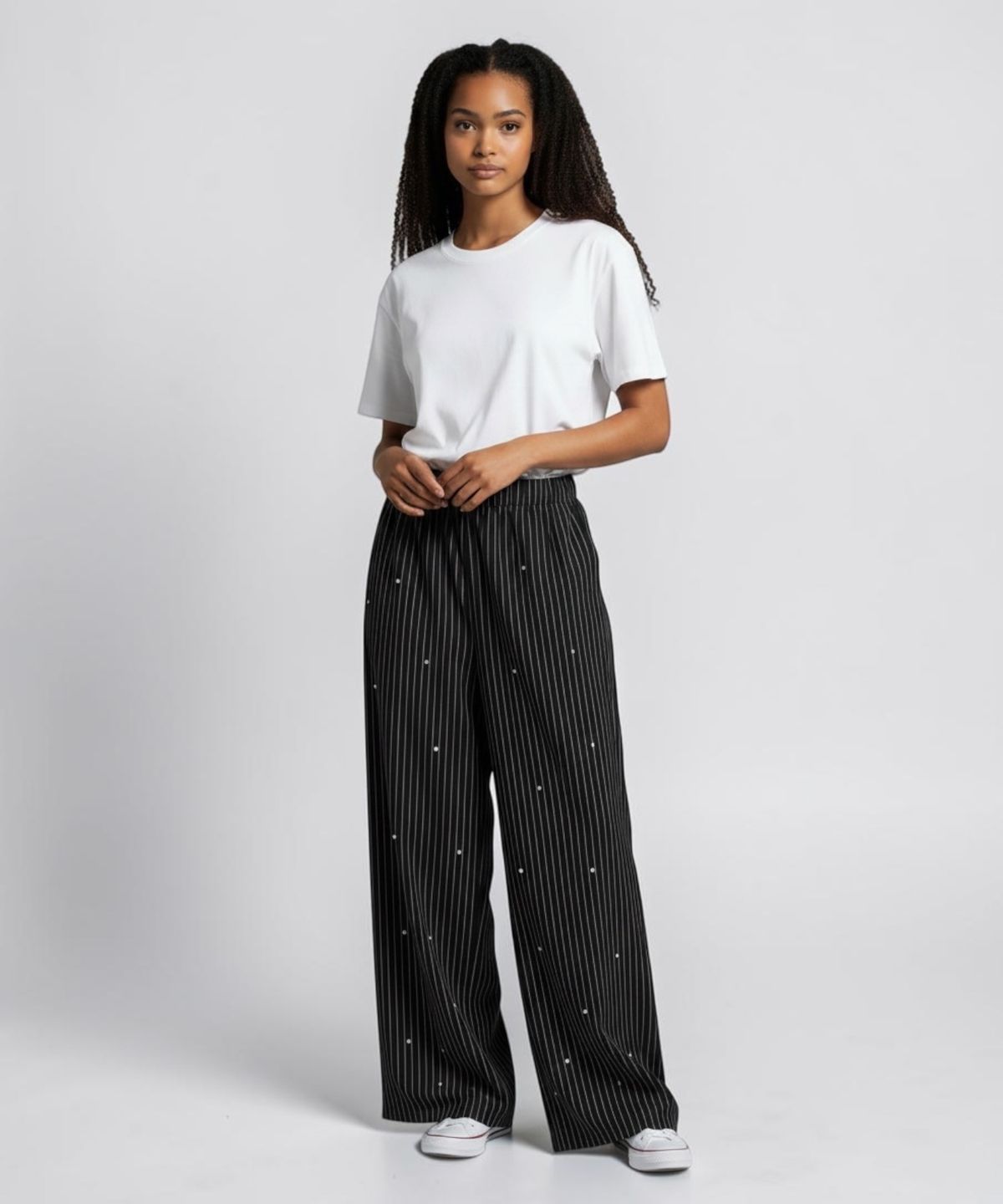 본슬리피(BORN SLIPPY) Crystal Stud Pinstripe Wide Pants (Black)
