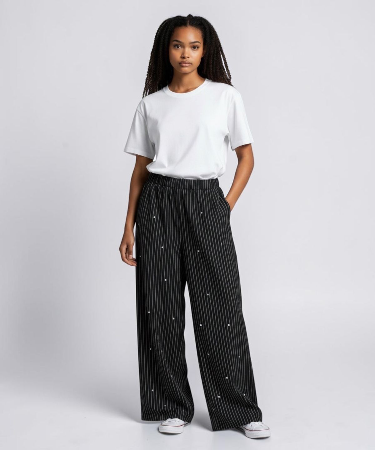 본슬리피(BORN SLIPPY) Crystal Stud Pinstripe Wide Pants (Black)