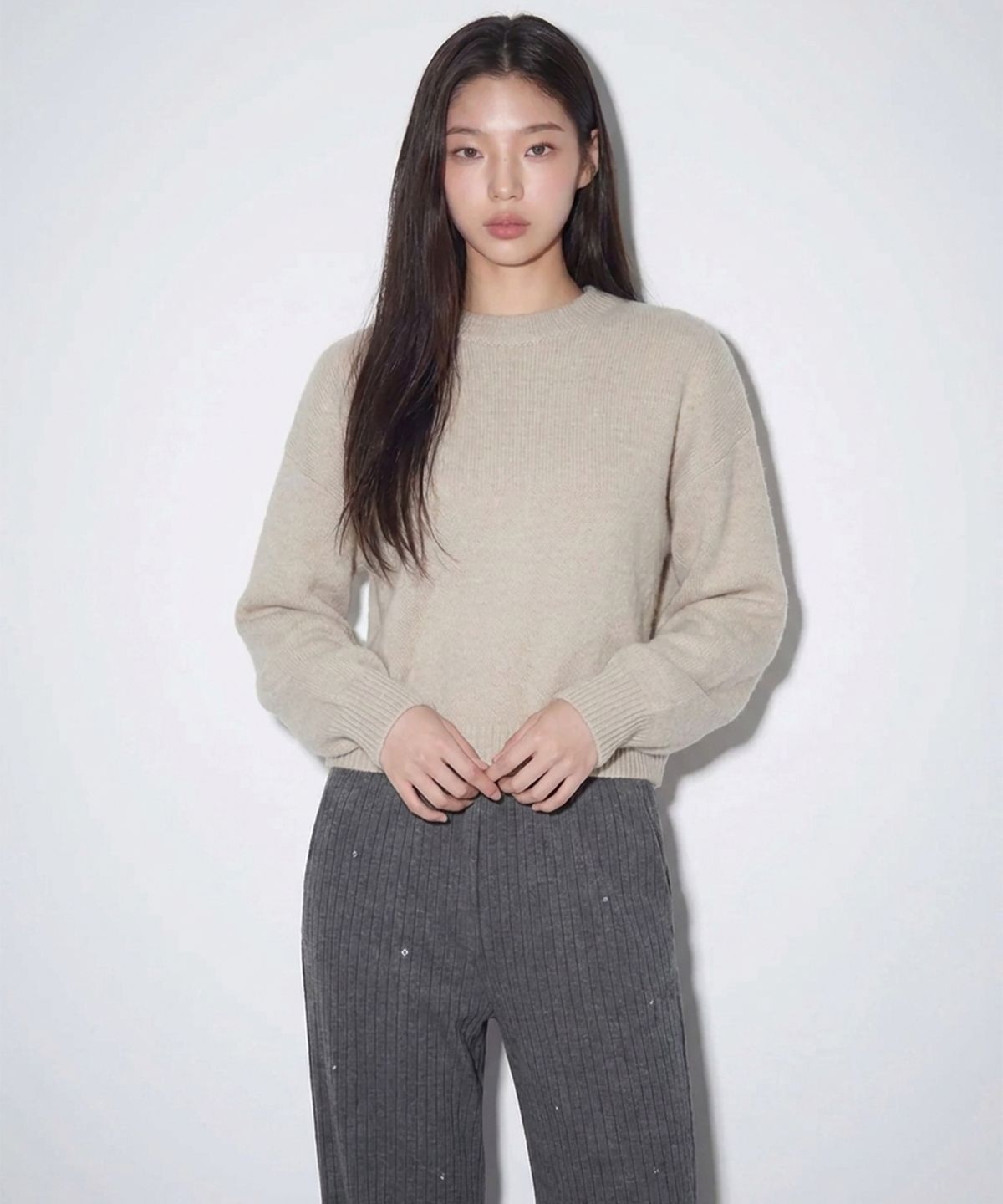 본슬리피(BORN SLIPPY) Crystal Stud Pinstripe Wide Pants (Gray)