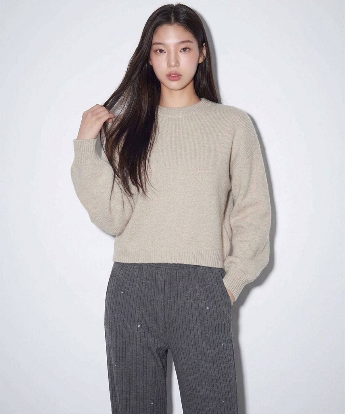 본슬리피(BORN SLIPPY) Crystal Stud Pinstripe Wide Pants (Gray)