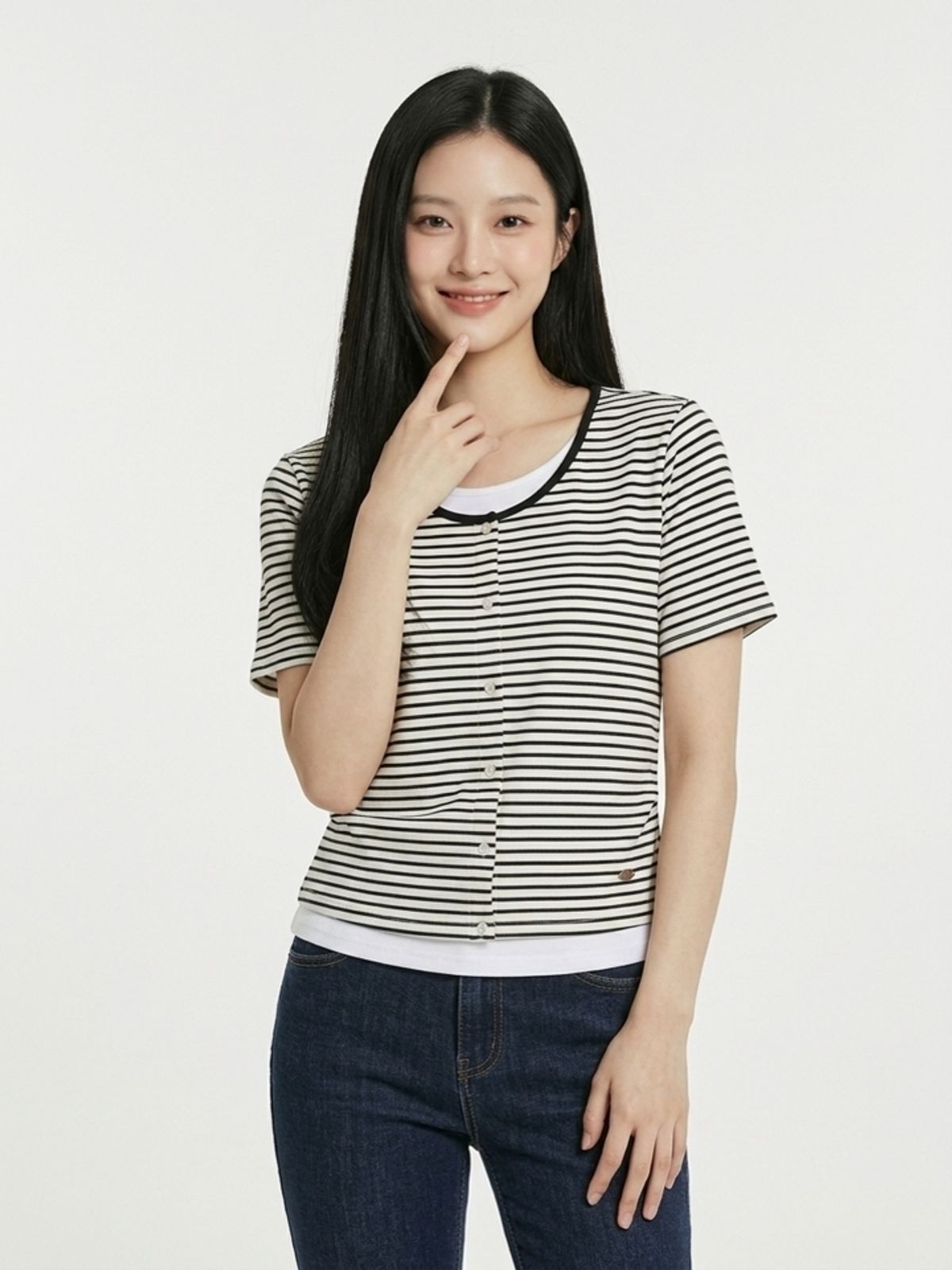 행텐(HANGTEN) 여성 스트라이프 가디건 레이어드 반팔 티셔츠_003(10570-131-411-69)