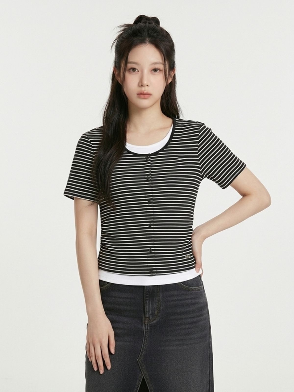 행텐(HANGTEN) 여성 스트라이프 가디건 레이어드 반팔 티셔츠_100(10570-131-411-69)