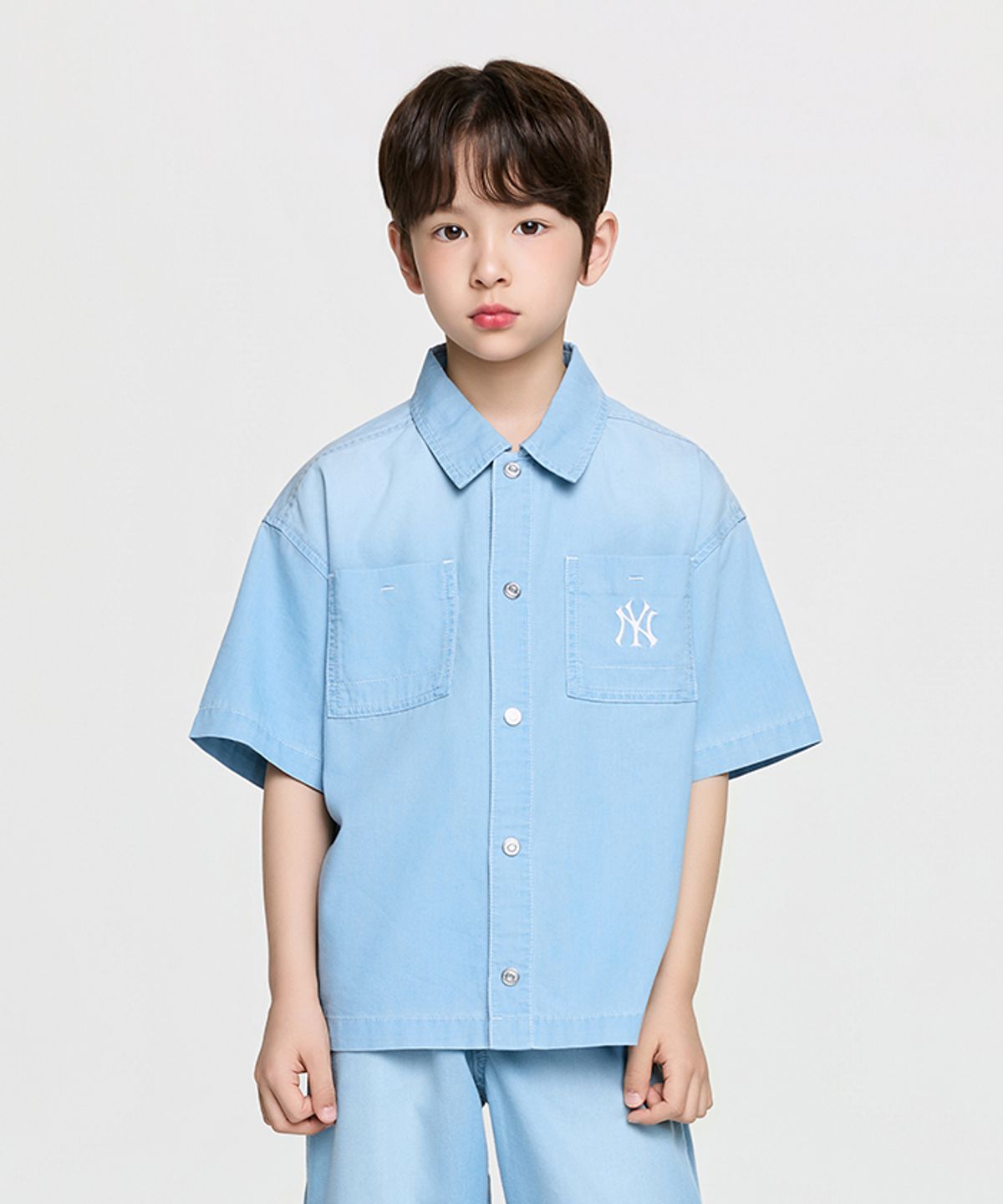 엠엘비 키즈(MLB KIDS) 베이직 쿨필드 반팔 데님 셔츠 NY (L.Blue)