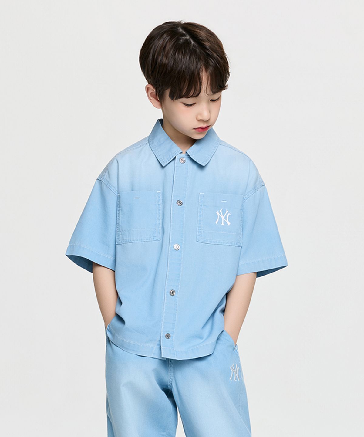 엠엘비 키즈(MLB KIDS) 베이직 쿨필드 반팔 데님 셔츠 NY (L.Blue)
