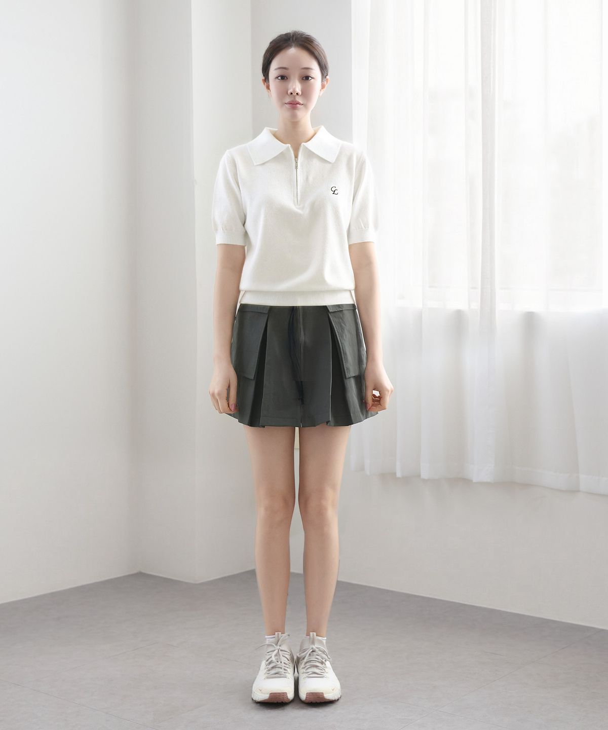 클레이스(CLACE) 집업 반팔 니트_아이보리