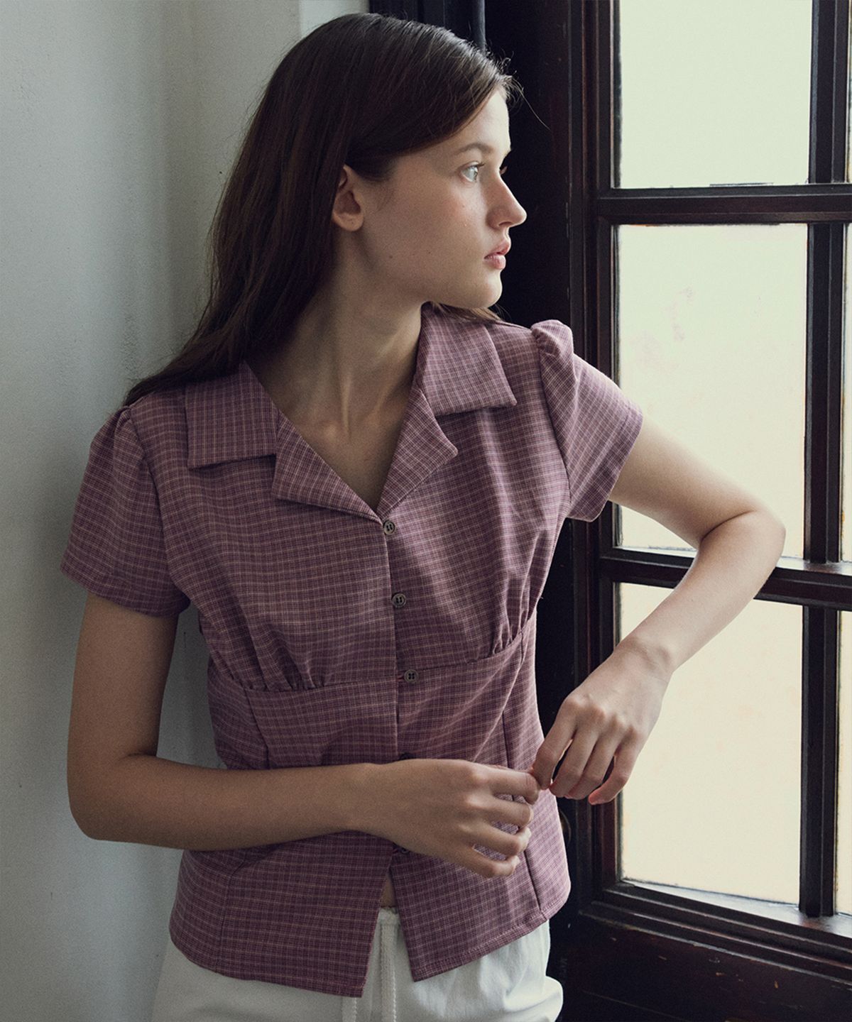 아우어노스텔지아(OURNOSTALGIA) Fitted vintage check half shirt_Pink(O25-SH04)