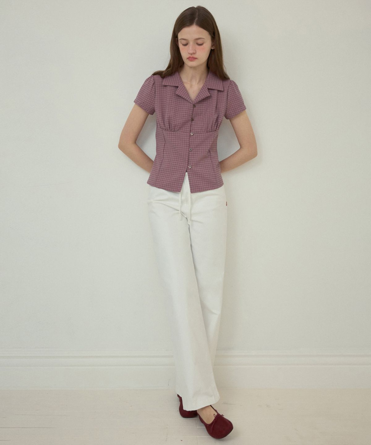 아우어노스텔지아(OURNOSTALGIA) Fitted vintage check half shirt_Pink(O25-SH04)