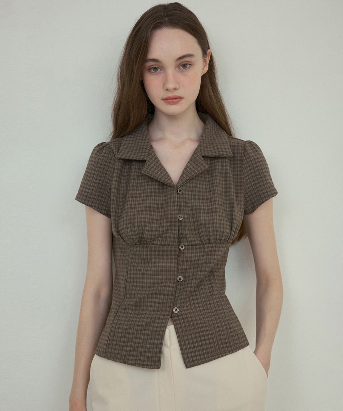 아우어노스텔지아(OURNOSTALGIA) Fitted vintage check half shirt_Brown(O25-SH04)
