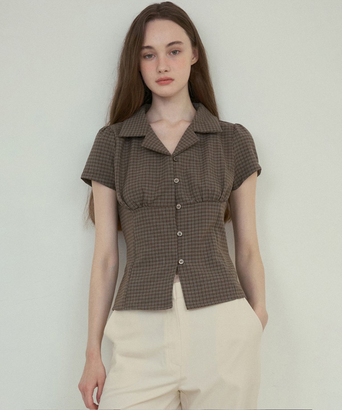 아우어노스텔지아(OURNOSTALGIA) Fitted vintage check half shirt_Brown(O25-SH04)