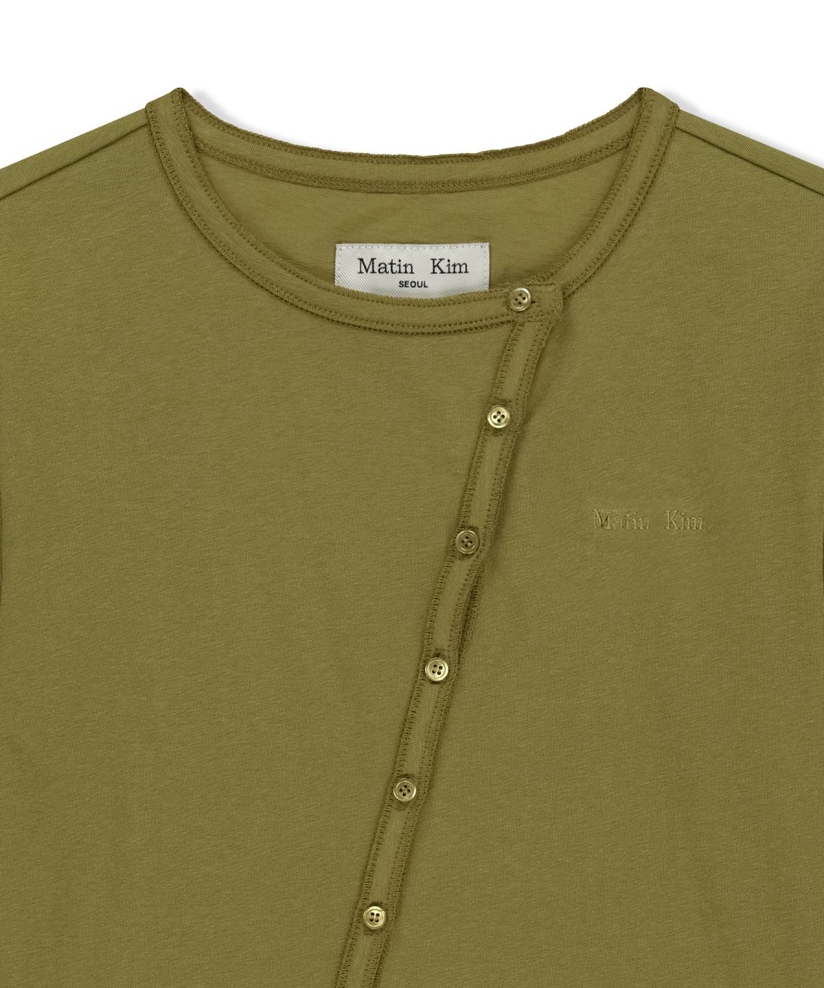 마뗑킴(MATIN KIM) ASYMMETRIC BUTTON CLOSURE TOP IN OLIVE