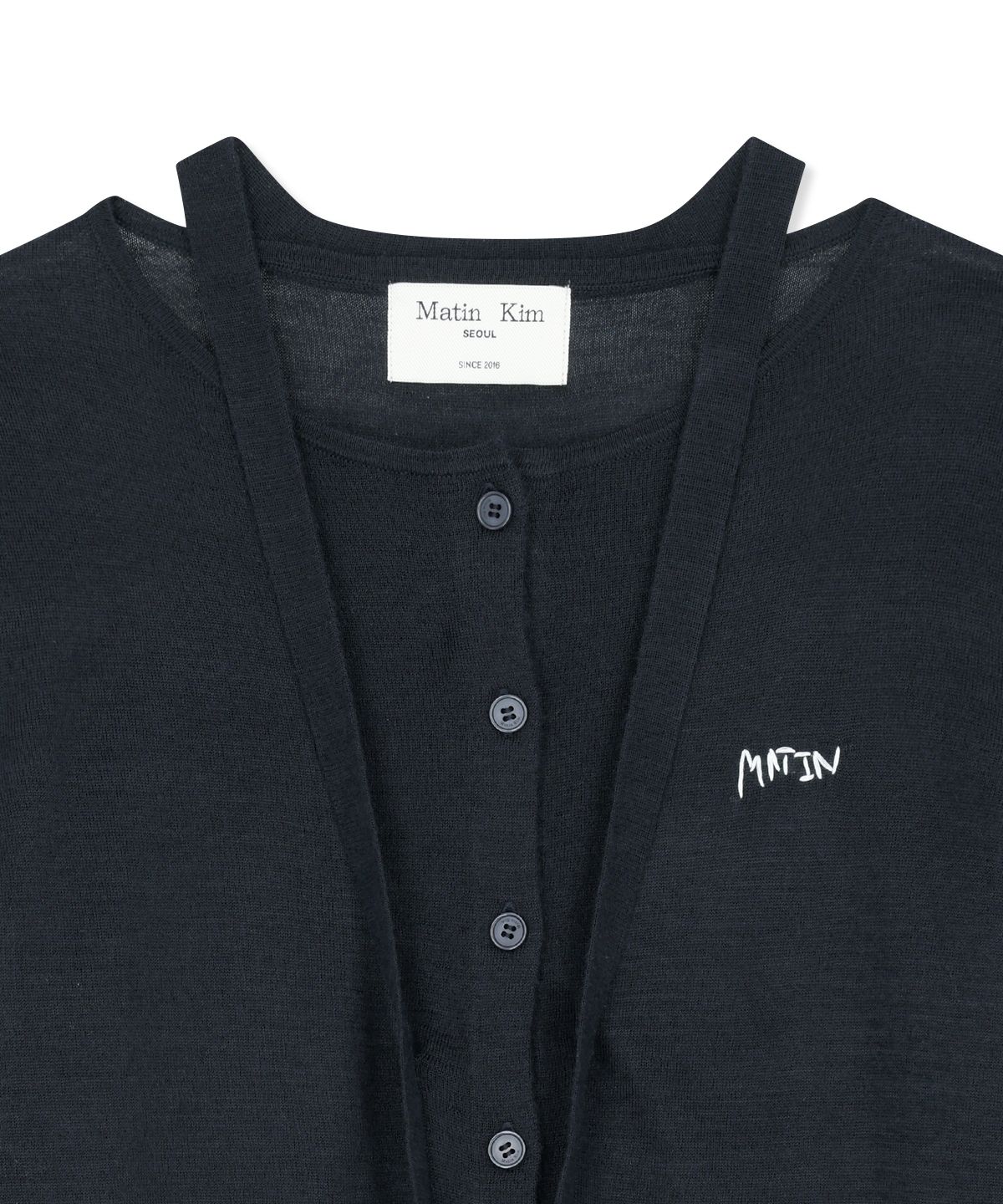 마뗑킴(MATIN KIM) STRING DETAIL KNIT CARDIGAN IN DARK NAVY
