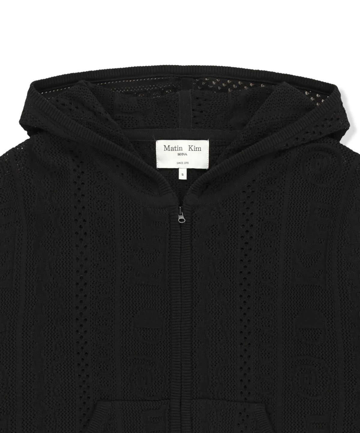 마뗑킴(MATIN KIM) MESH LOGO KNIT HOODY ZIP UP IN BLACK