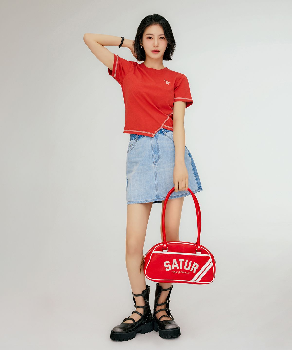 세터(SATUR) (W) 콘트라스트 데님 미니 스커트 라이트 블루