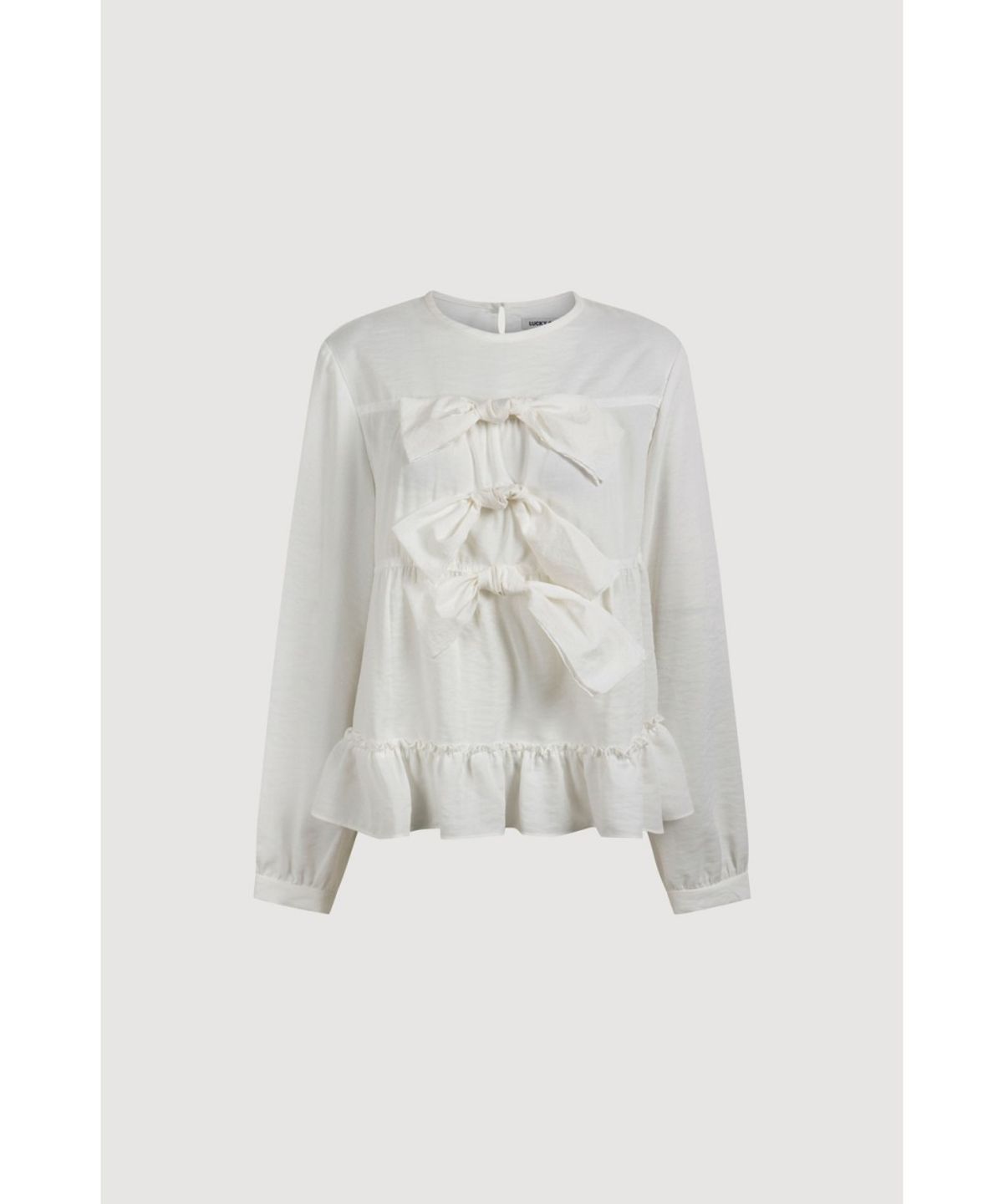 럭키슈에뜨(LUCKY CHOUETTE) Ribbon Point Collarless Blouse (ivory) LFSAW25250IVX