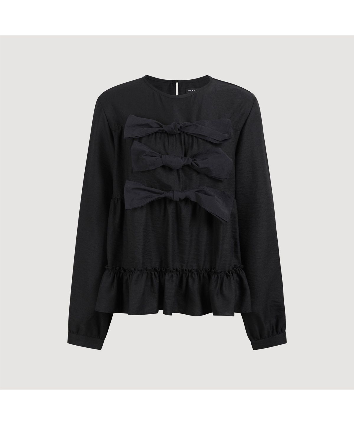 럭키슈에뜨(LUCKY CHOUETTE) Ribbon Point Collarless Blouse (black) LFSAW25250BKX
