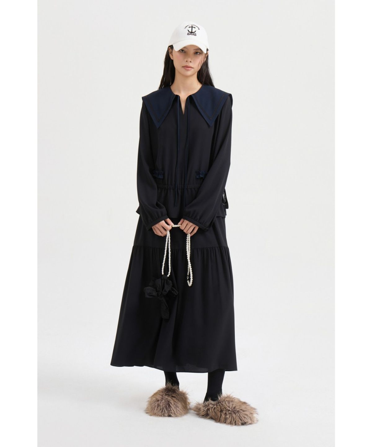 럭키슈에뜨(LUCKY CHOUETTE) Sailor Collar Long Dress (black) LFDAW25270BKX