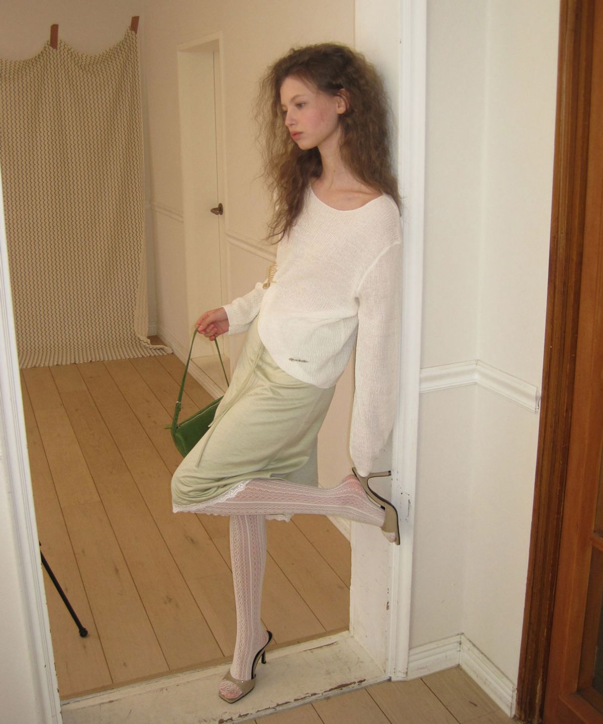 어패럴아카이브(APPAREL ARCHIVE) Easy lace satin midi skirt - Mint