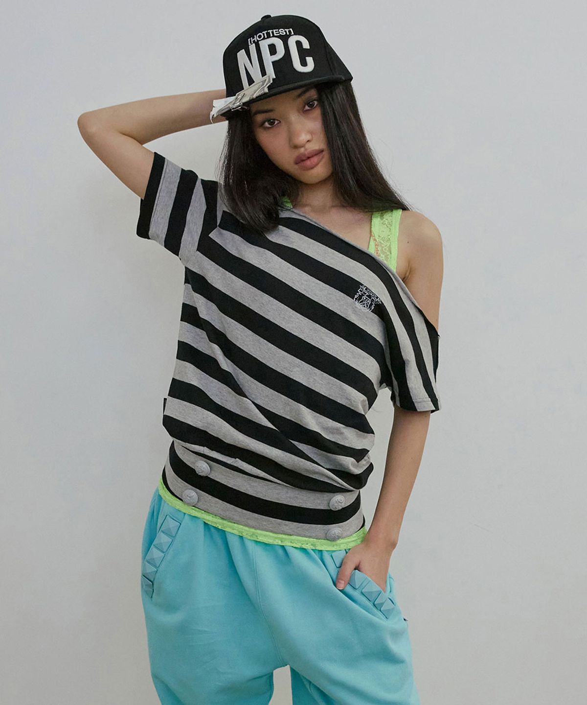 스컬프터(SCULPTOR) Button Stripe Tee Melange Gray