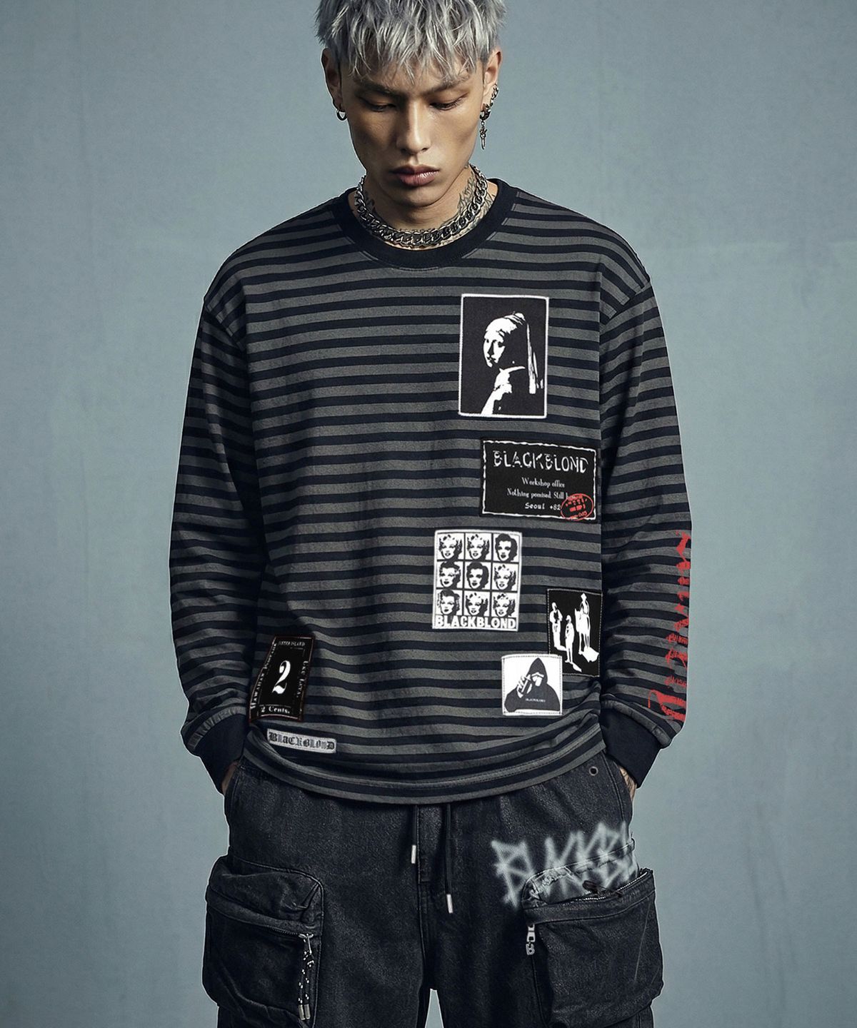 블랙블론드(BLACKBLOND) 비비디 엔자이어티 멀티패치 스트라이프 긴팔티 (블랙&차콜)