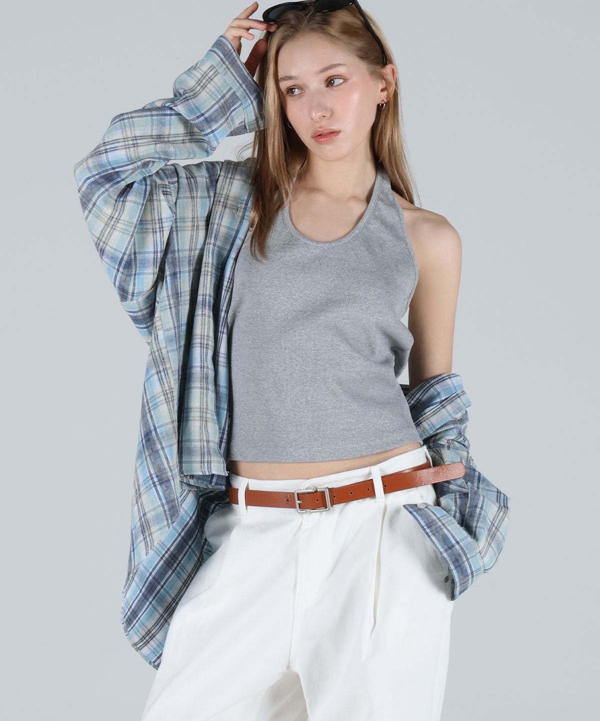 포더핏(FOR THE FIT) 파스텔 오버핏 체크 셔츠_블루