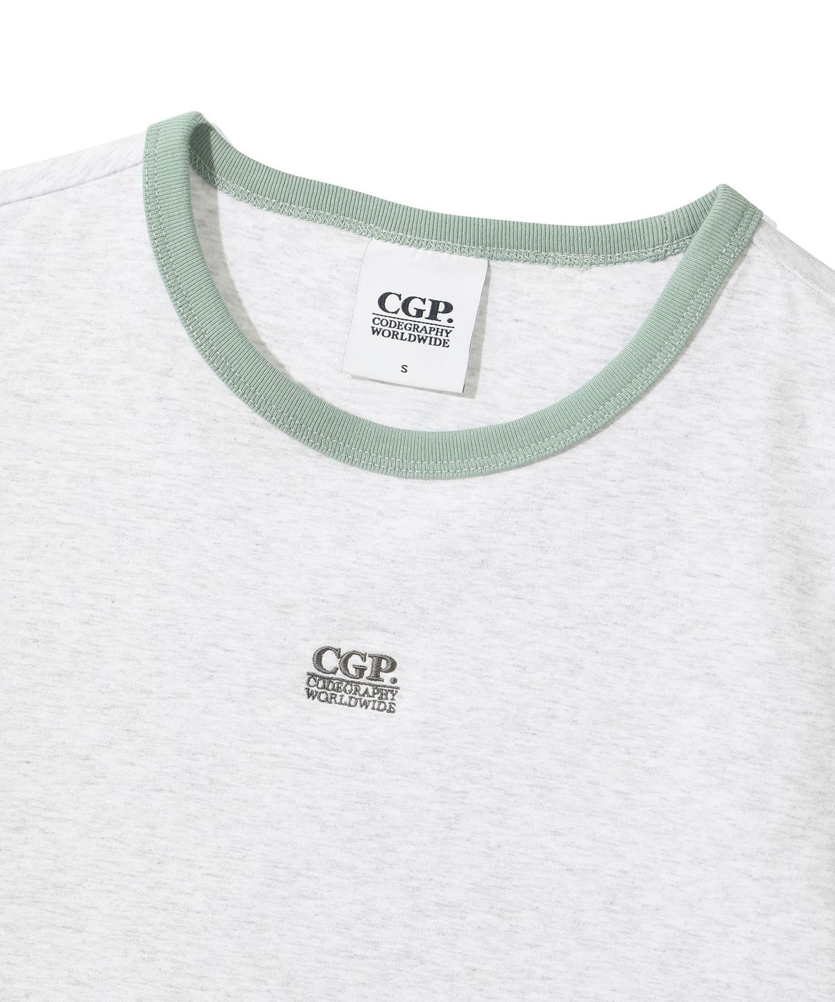 코드그라피(CGP) (우먼) 스몰 스퀘어 자수 로고 링거 반소매 티셔츠-멜란지 그레이