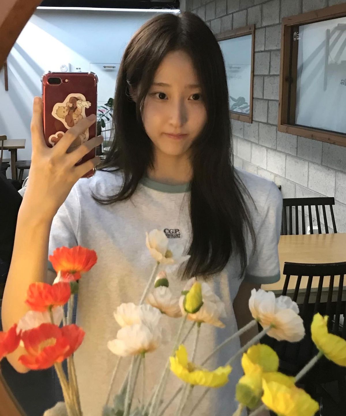 코드그라피(CGP) (우먼) 스몰 스퀘어 자수 로고 링거 반소매 티셔츠-멜란지 그레이