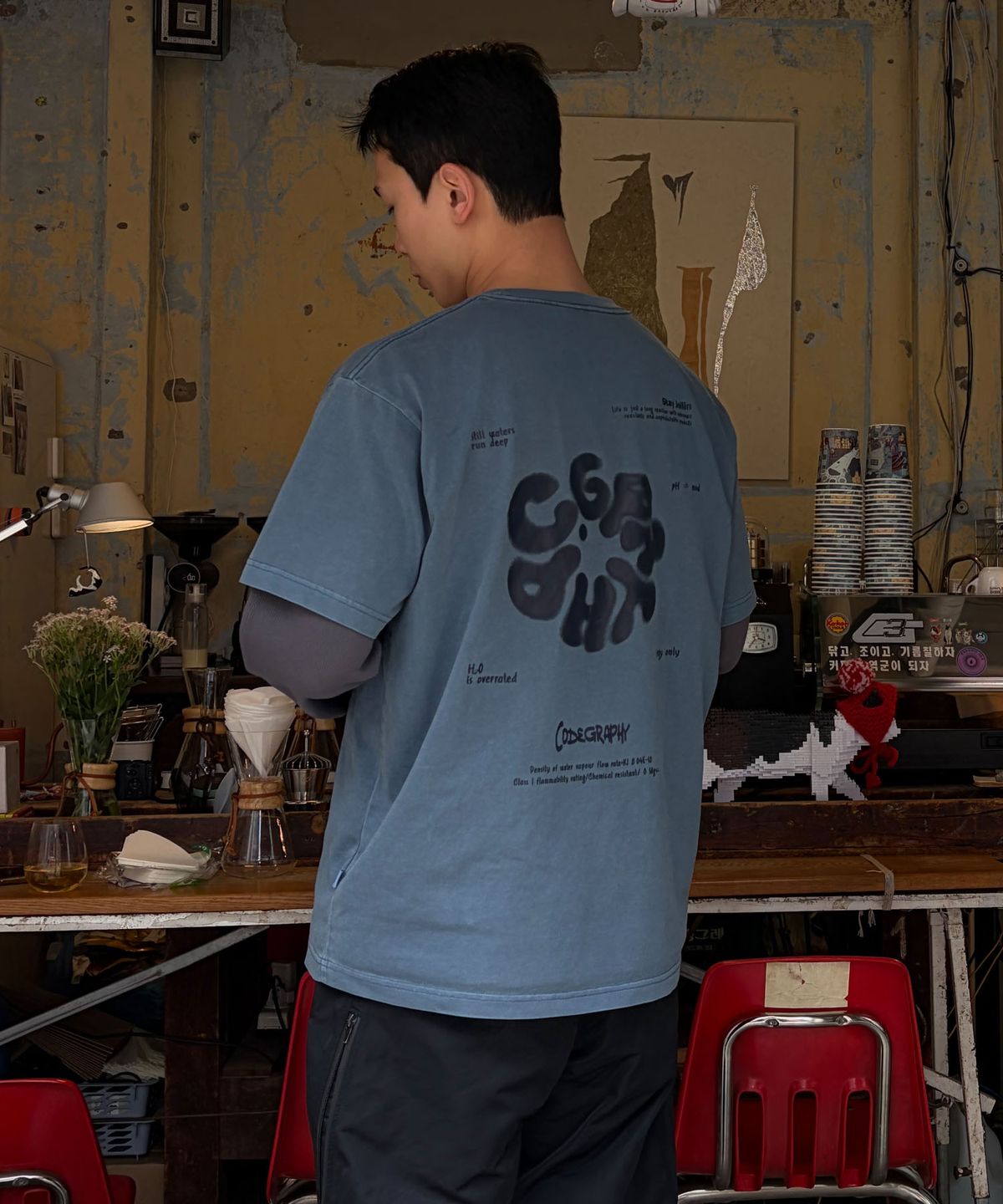 코드그라피(CGP) 라운드 C.GRAPHY 피그먼트 빅오버핏 반소매 티셔츠-그레이시 블루