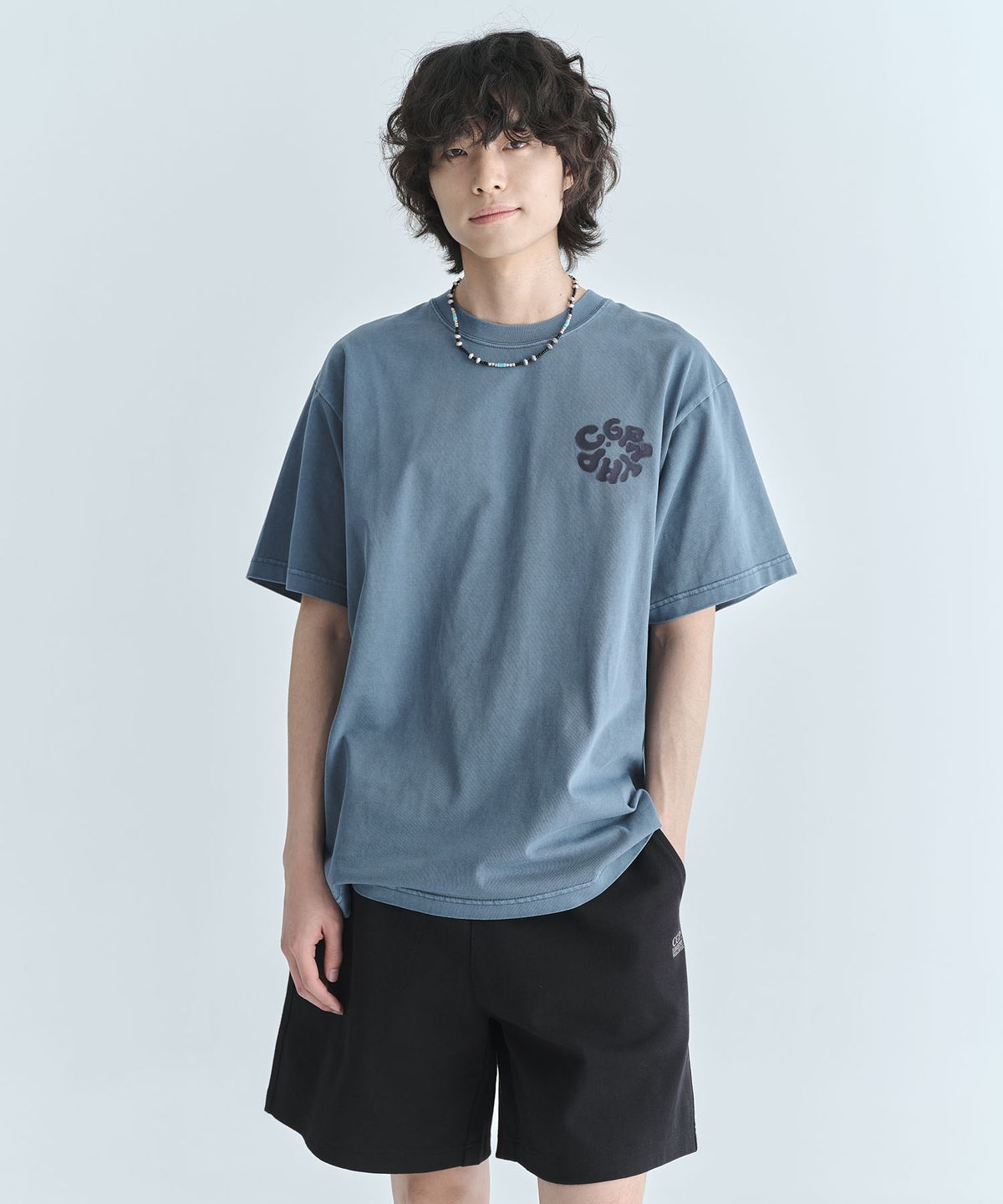 코드그라피(CGP) 라운드 C.GRAPHY 피그먼트 빅오버핏 반소매 티셔츠-그레이시 블루