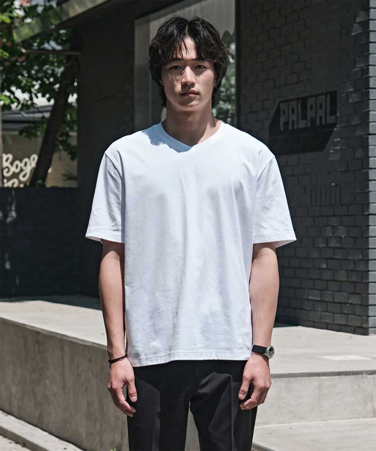 에스티코(STCO) [BLACK LABEL] 수피마 브이넥 반팔 티셔츠_화이트 (세미오버핏)_STSXB81NSW