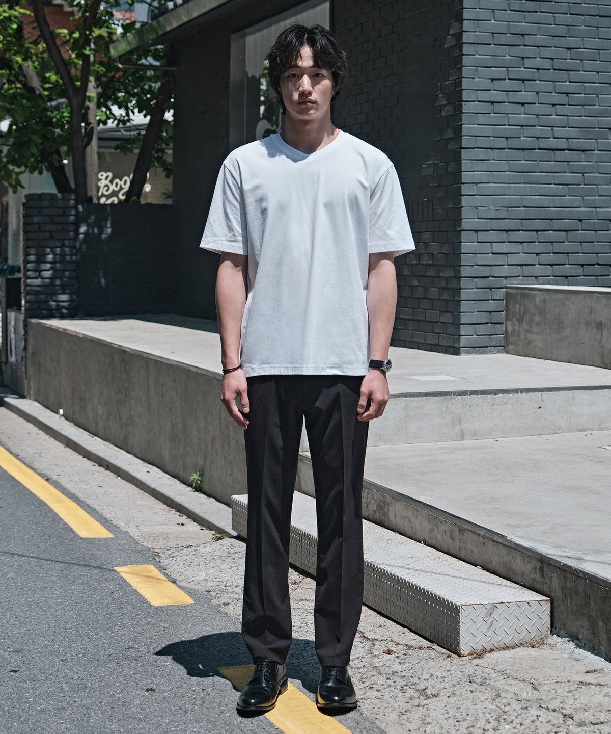 에스티코(STCO) [BLACK LABEL] 수피마 브이넥 반팔 티셔츠_화이트 (세미오버핏)_STSXB81NSW