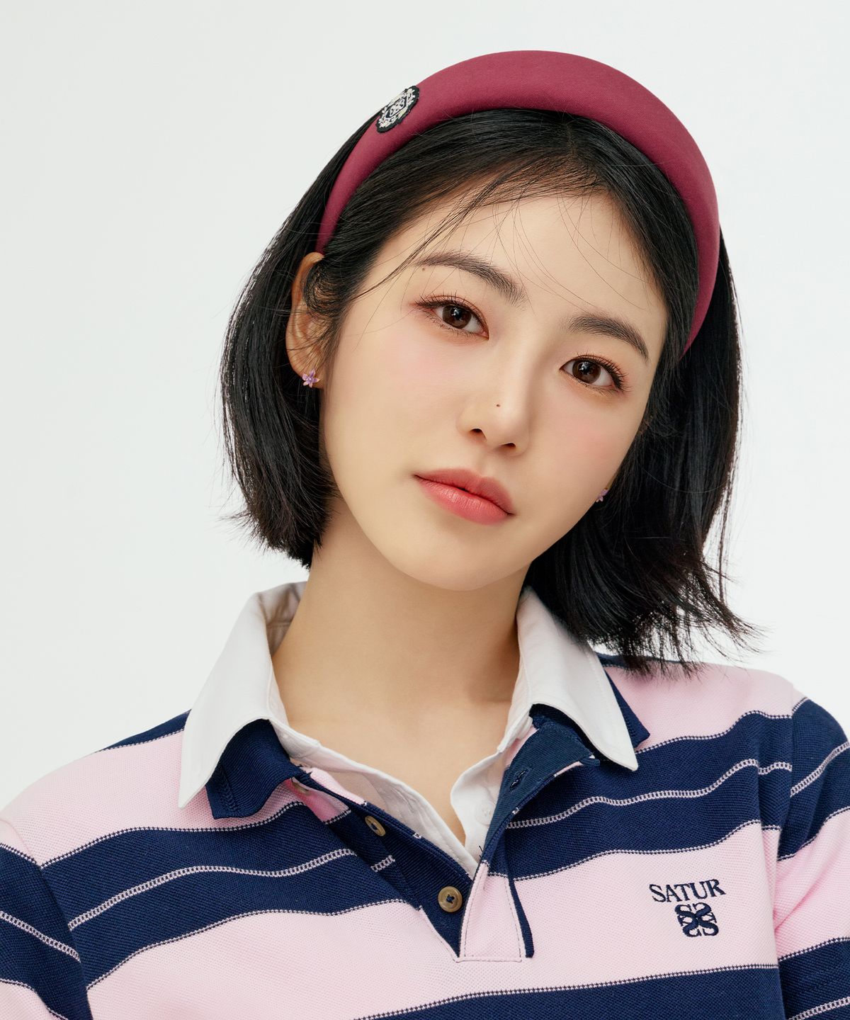 세터(SATUR) (W) 아페로 스트라이프 피케 반팔 티셔츠 핑크