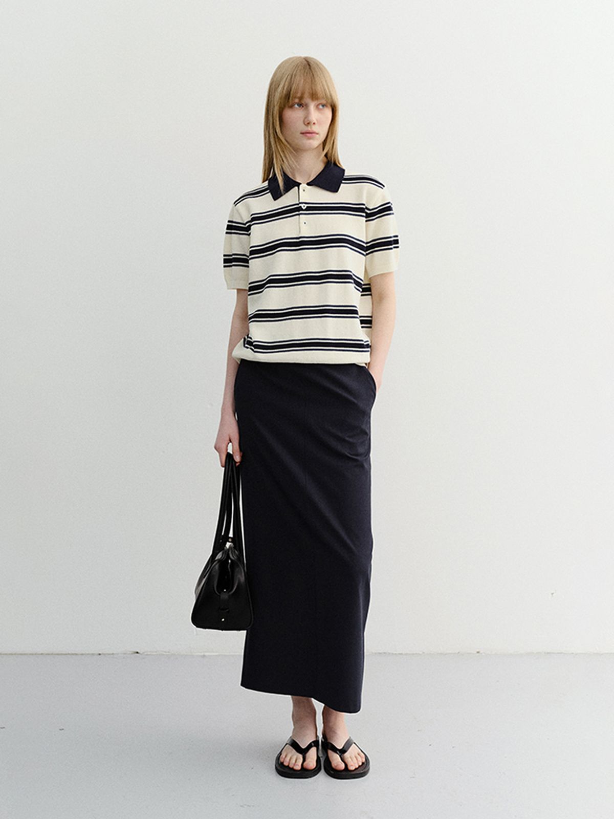 던스트(DUNST) UNISEX MULTI STRIPED POLO KNIT_UDSW6B122_CREAM / NAVY