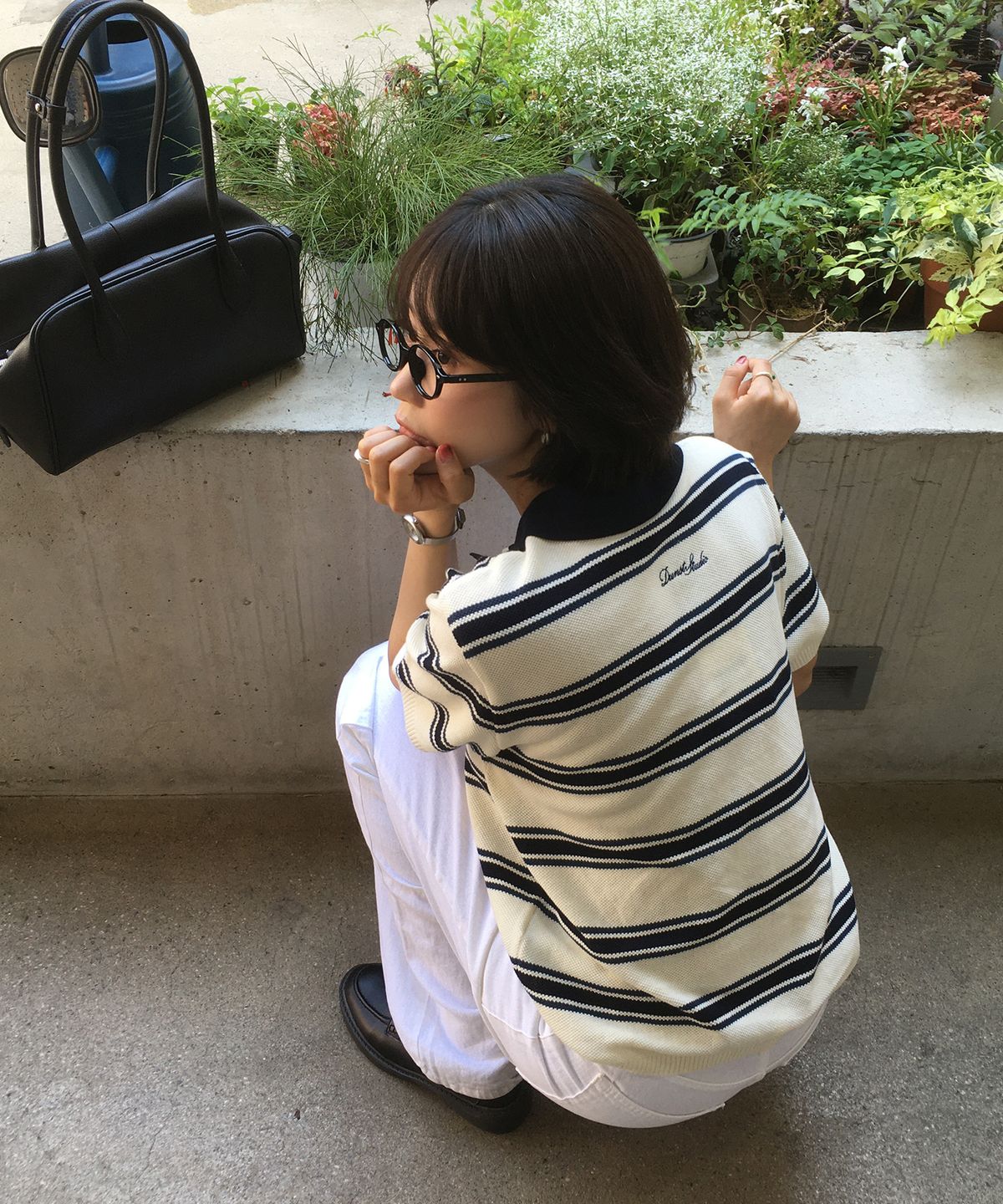 던스트(DUNST) UNISEX MULTI STRIPED POLO KNIT_UDSW6B122_CREAM / NAVY