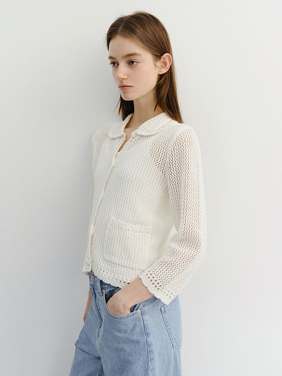 던스트(DUNST) CROCHET COLLARED CARDIGAN_UDSW6B221_IVORY