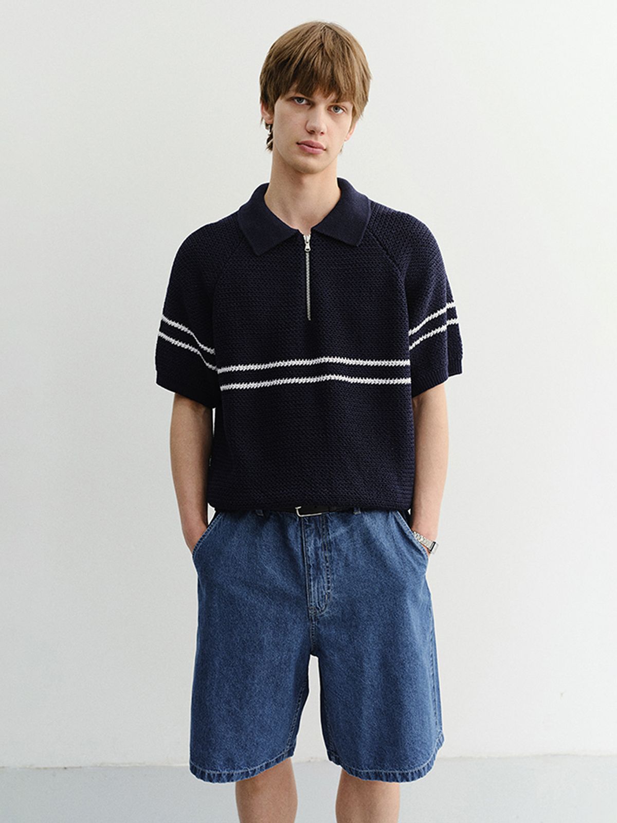 던스트 포 맨(DUNST FOR MEN) HALF ZIP-UP STRIPED POLO KNIT_UDSW6B322_DARK NAVY