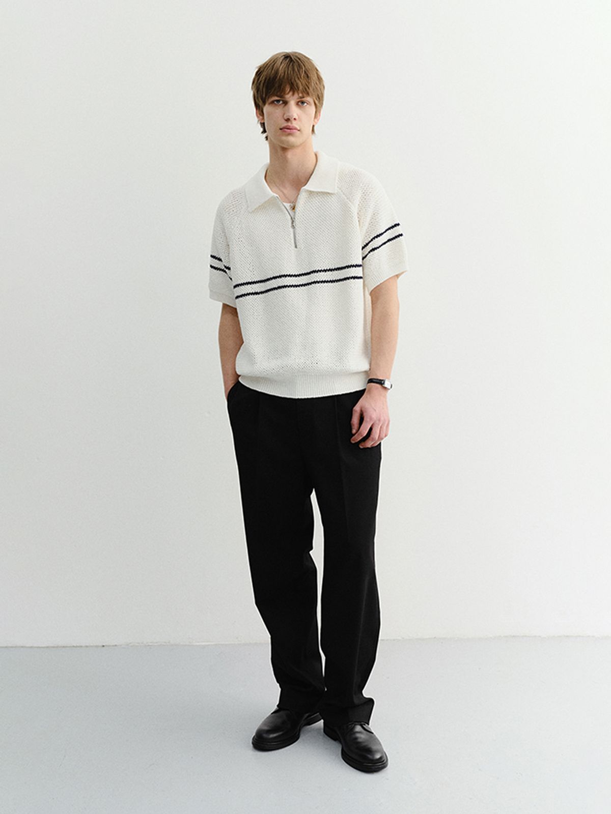 던스트 포 맨(DUNST FOR MEN) HALF ZIP-UP STRIPED POLO KNIT_UDSW6B322_WHITE