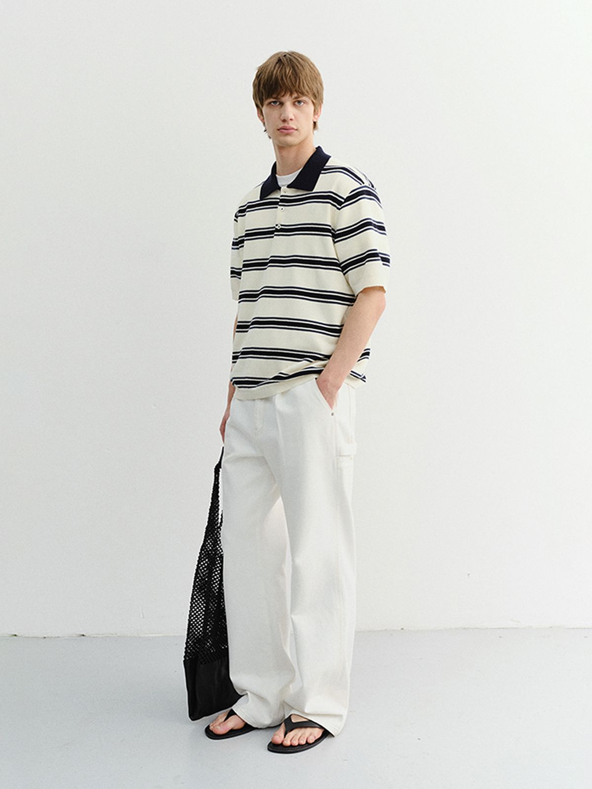 던스트 포 맨(DUNST FOR MEN) MULTI STRIPED POLO KNIT_UNISEX_UDSW6B122_CREAM / NAVY