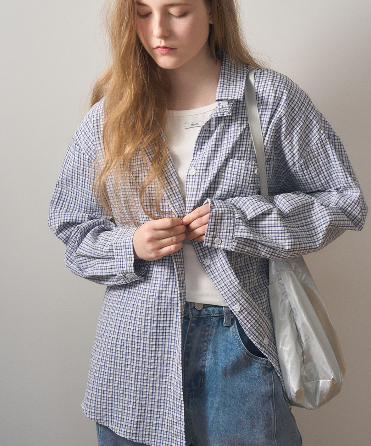 헤인트(HAINT) SHEER LOOSE FIT CHECK SHIRT 4COL_NAVY