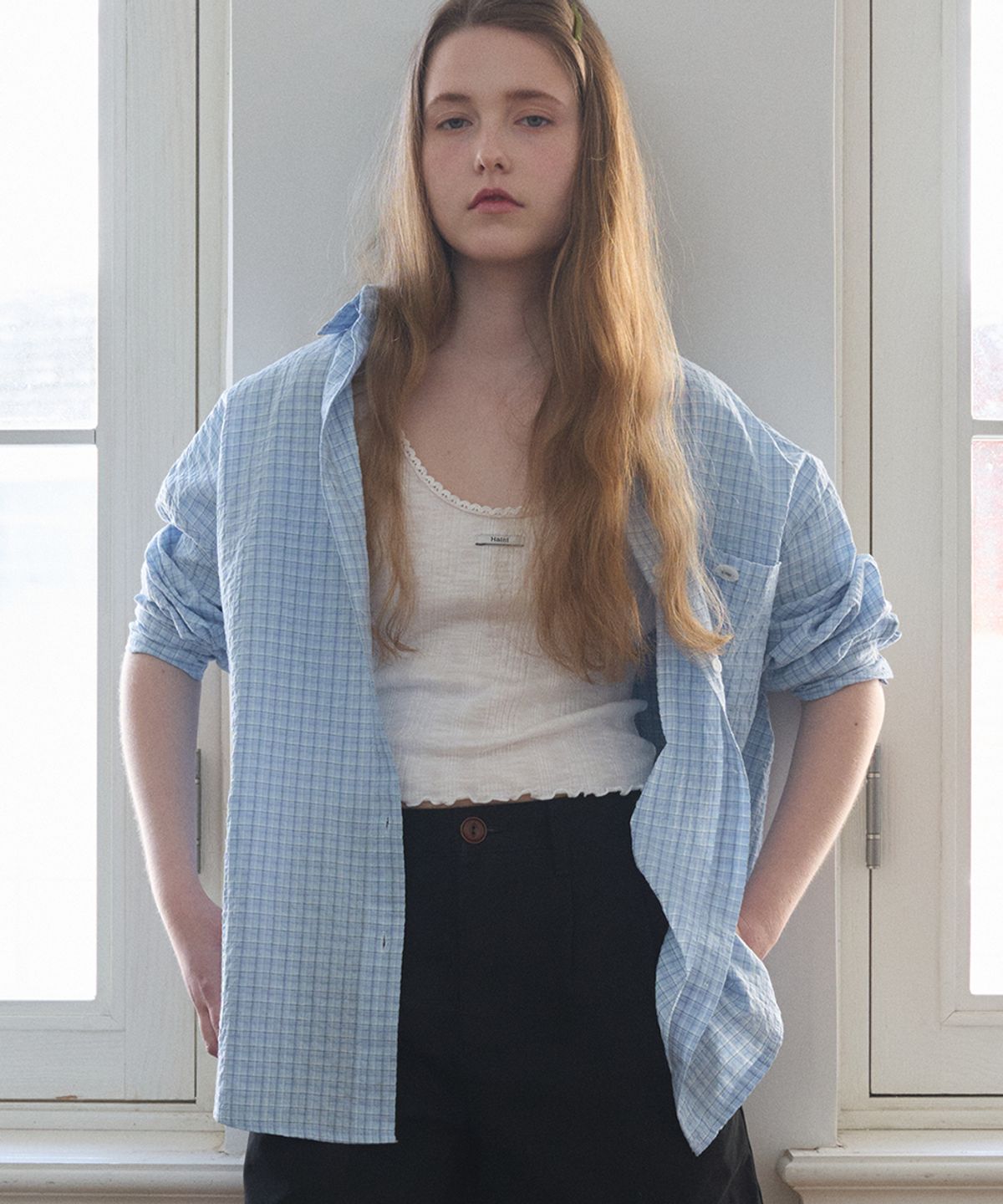 헤인트(HAINT) SHEER LOOSE FIT CHECK SHIRT 4COL_LIGHT BLUE