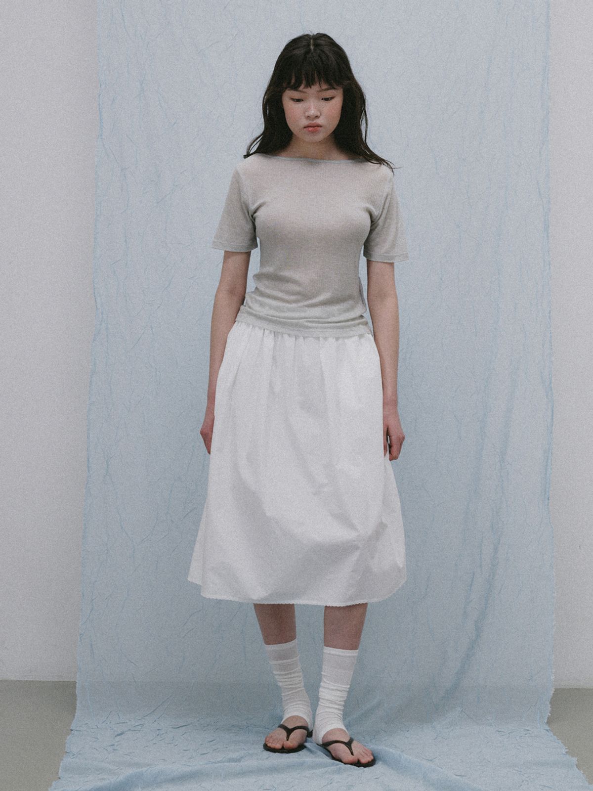 플라드주르(PLATDUJOUR) Boat neck half T-shirts (Grey)