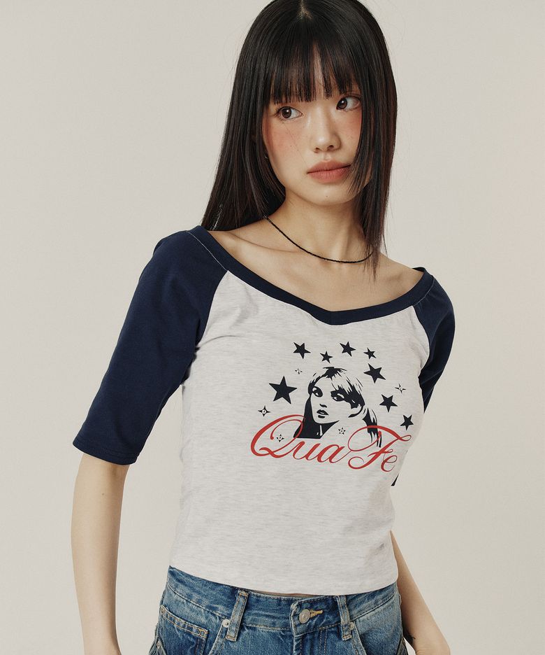 BEADED GRAPHIC V-NECK T-SHIRT_2color