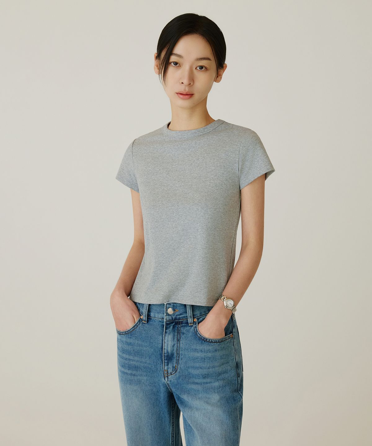 시야쥬(SIYAZU) SITP5275 슬림 골지 반팔 티셔츠_Melange gray