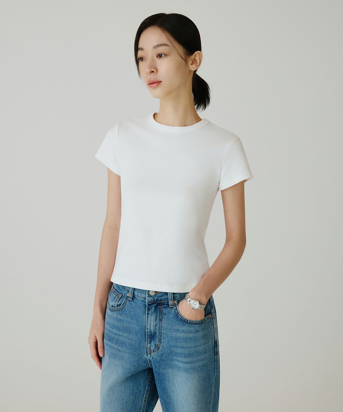 시야쥬(SIYAZU) SITP5275 슬림 골지 반팔 티셔츠_Ivory