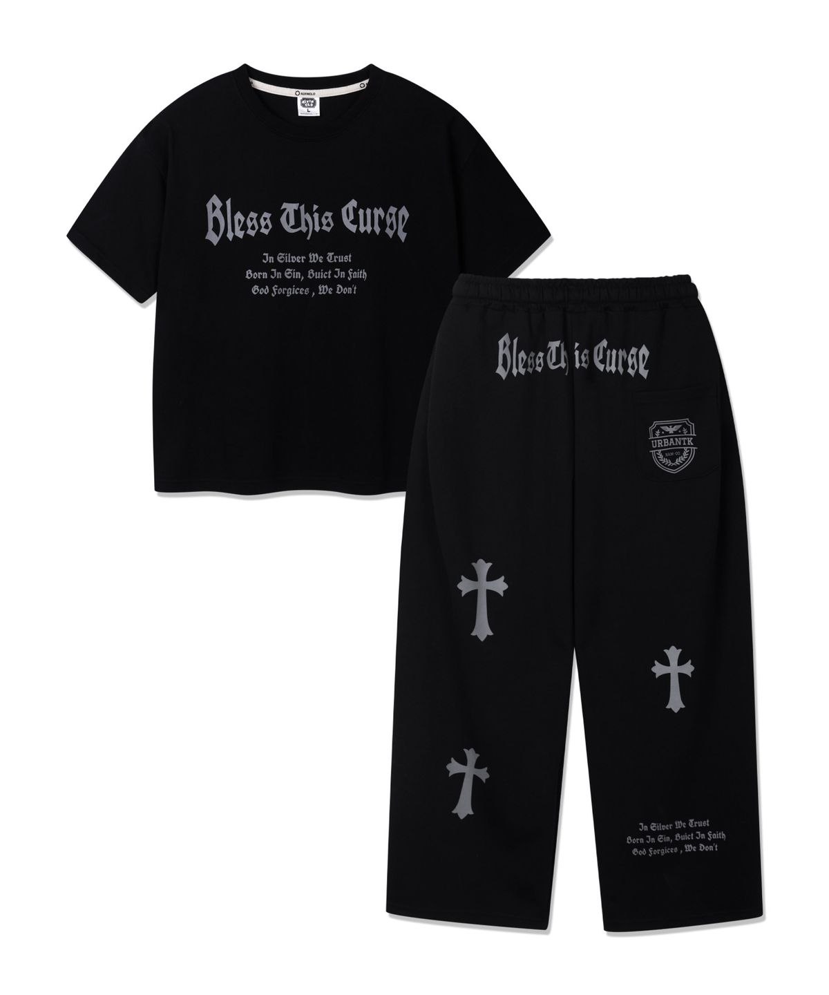 앨빈클로(ALVINCLO) [SET]BLESS 크롭핏 반팔티셔츠 원턱 와이드 트레이닝 바지 셋업